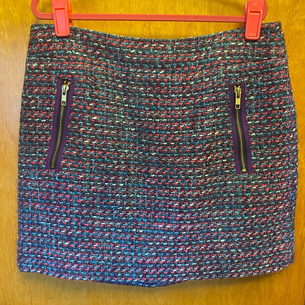 EUC J. Crew boucle tweed purple/pink/aqua/gray lined, wool blend zip mini skirt